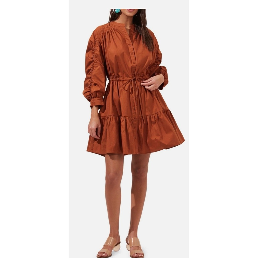 Astr The Label Ruched Flounce Shirtdress‎ Long Sleeve Buttoned Cognac Small Boho